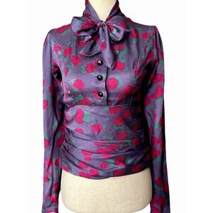Vtg Emanuel Ungaro Ter Silk Jacquard Blouse Size 6 Purple Floral Ruched Tie Top